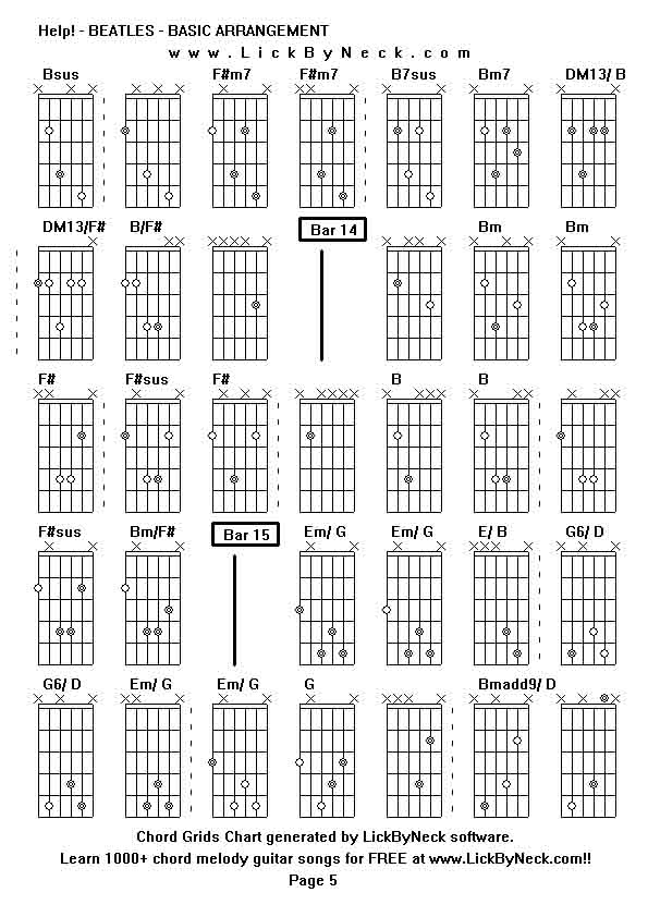 Chord Grids Chart of chord melody fingerstyle guitar song-Help! - BEATLES - BASIC ARRANGEMENT,generated by LickByNeck software.